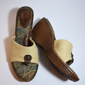 Born Wood Wedge Basket Weave Thong Sandals 9